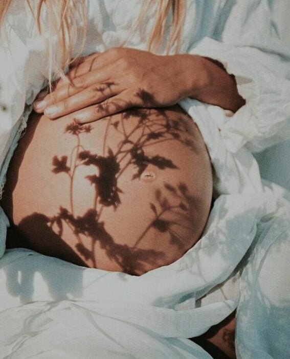 imagen de la panza de una embarazada con el reflejo de unas plantas en su barriga 