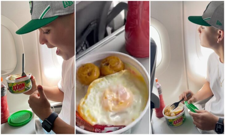 Hombre comiendo arroz; Joven se vuelve viral por comer buebito con arroz en pleno vuelo