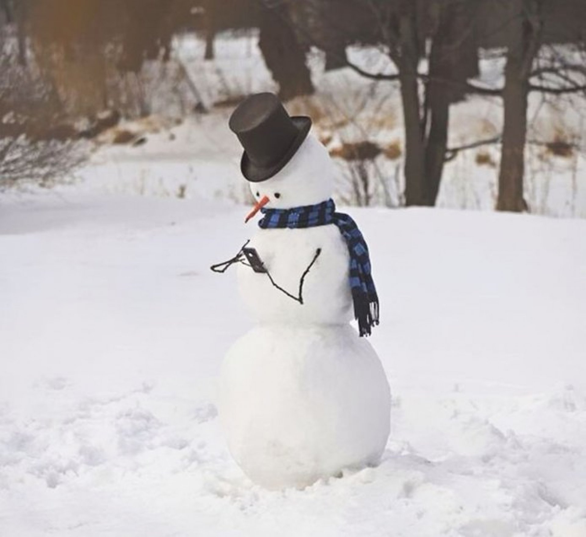 snowman with a scarf, hat and a cell phone in his hands 