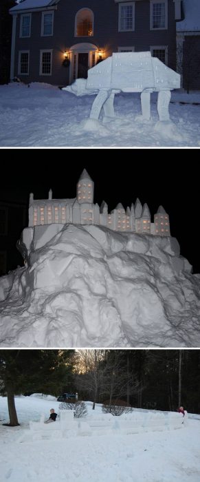 figuras de nieve de Star Wars, el castillo de Harry Potter y un tren largo 