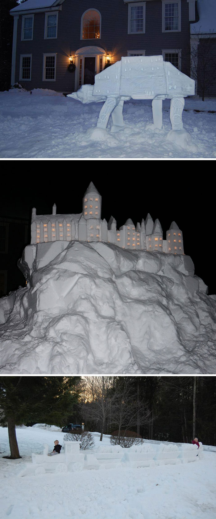 snow figures from Star Wars, Harry Potter's castle and a long train 