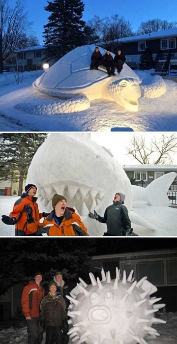 3 hermanos hacen figuras de nieve gigantes en el patio delantero de su casa 