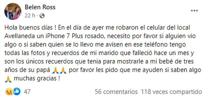 Publicación en Facebook; Le robaron el celular con las fotos de su fallecido esposo alguien lo compró y se lo regresó