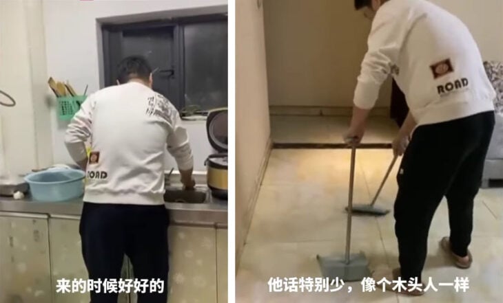 Capturas de pantalla de un chico limpiando la cocina y barriendo el piso 