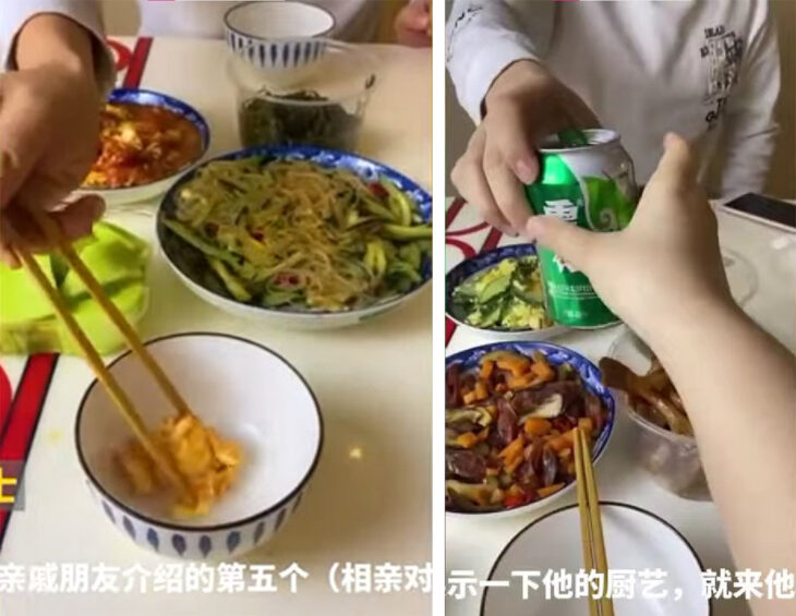 Screenshots of a person serving food and handing out a drink 