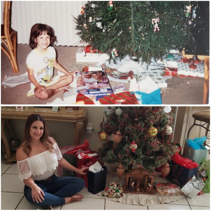 niña frente al árbol de Navidad ;Personas en internet recrean fotos antiguas y el resultado es pura dulzura 