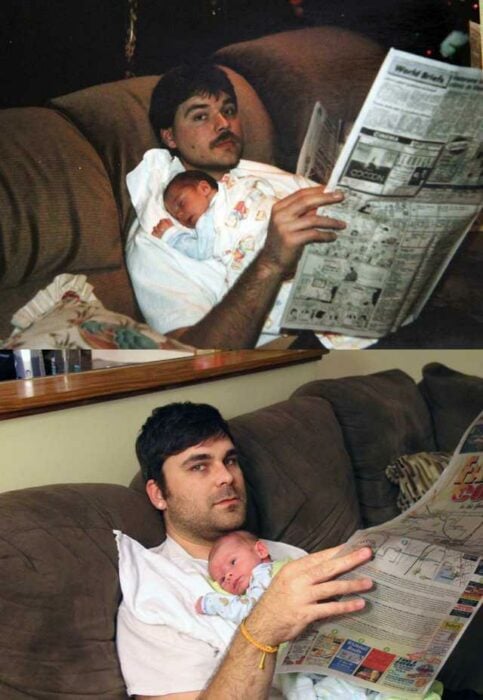 Padre leyendo el periódico ;Personas en internet recrean fotos antiguas y el resultado es pura dulzura 