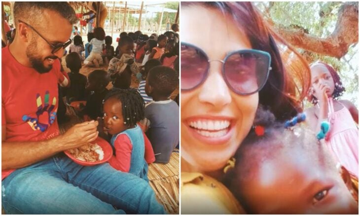 pareja ayudando a niños; Pareja dona el dinero de su fiesta de bodas a una escuela en África