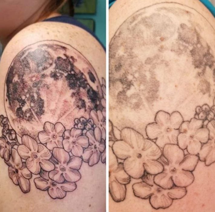 Luna con flores de loto ;14 Tatuajes en el día en que se hicieron vs actualmente