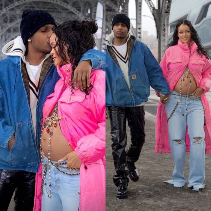 Rihanna y A$AP Rocky abrazados y caminando juntos