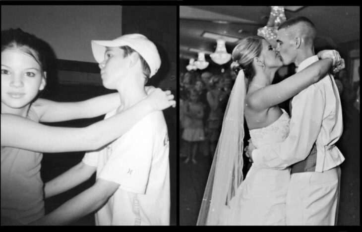 fotografía de unos chicos en sexto de primaria a lado de una foto el día de su boda 