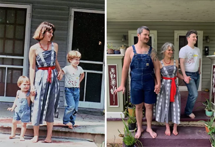 fotografía de una mujer a lado de sus hijos de pequeños y otro foto recreada algunos años después 