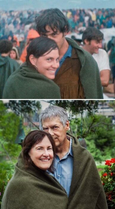 fotografía comparativa de una pareja 48 horas de haberse conocido vs 50 años después en la misma pose 