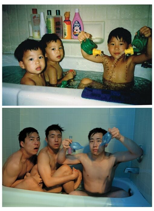 fotografía de unos niños en una bañera, junto a la imagen de unos chicos recreándola 20 años después 