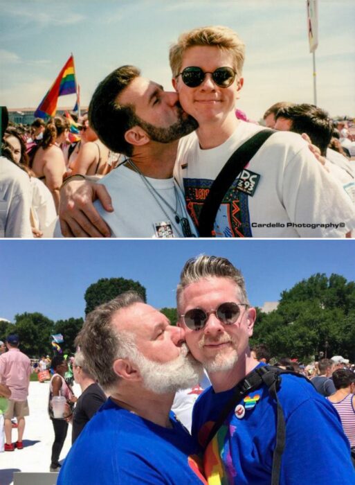 fotografía de una pareja en un festival, con la misma pose y 25 años después 