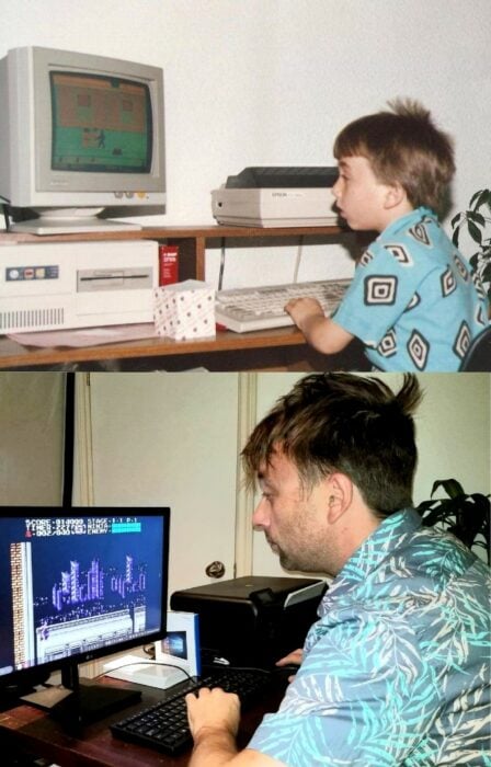 este hombre recreó una fotografía de cuando era niño jugando en su computadora 