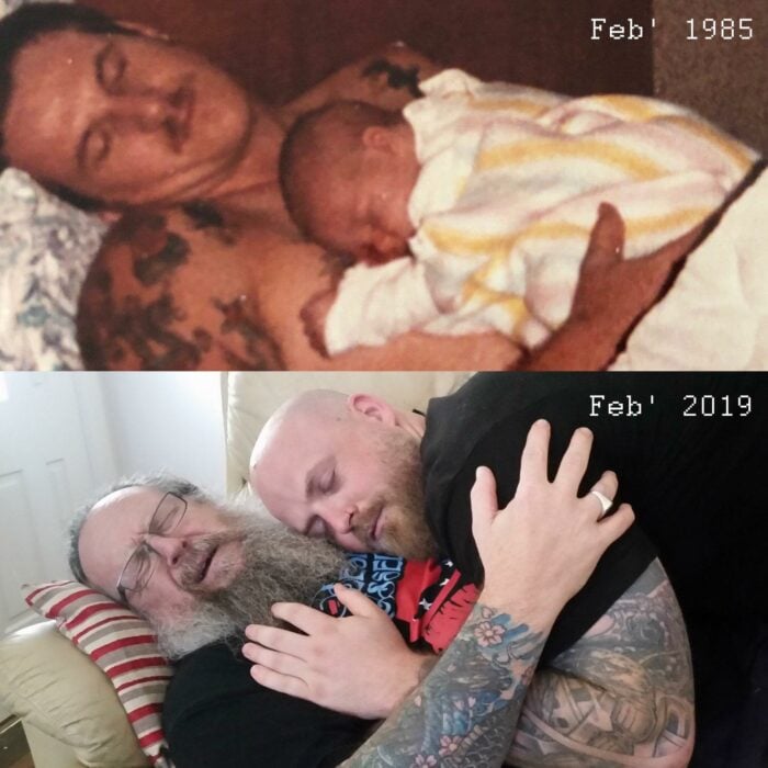 fotografía de un padre cargando a su bebé y la misma foto recreada 34 años después 