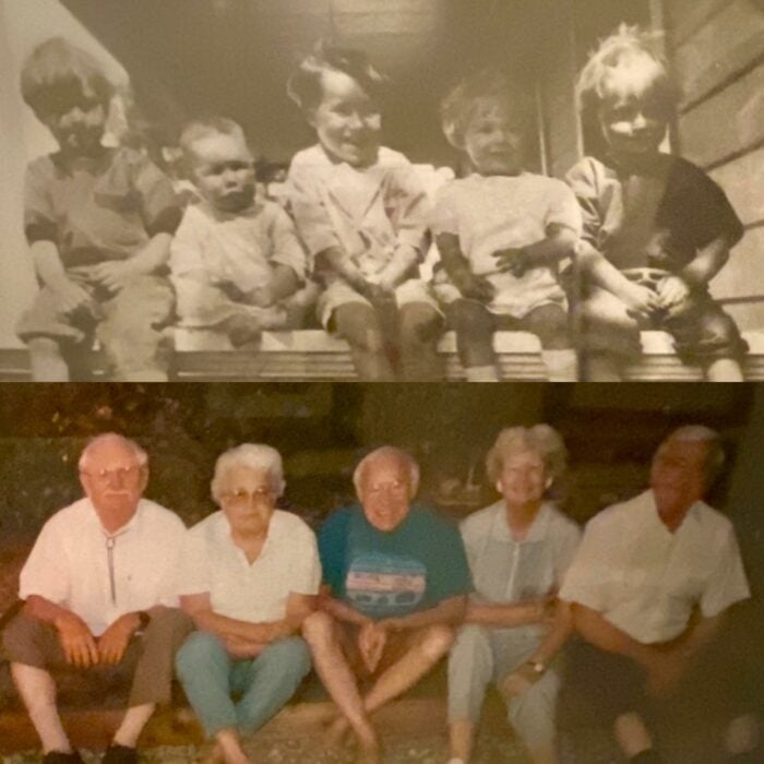 fotografía recreada de varios amigos de bebés en comparativa 65 años después 