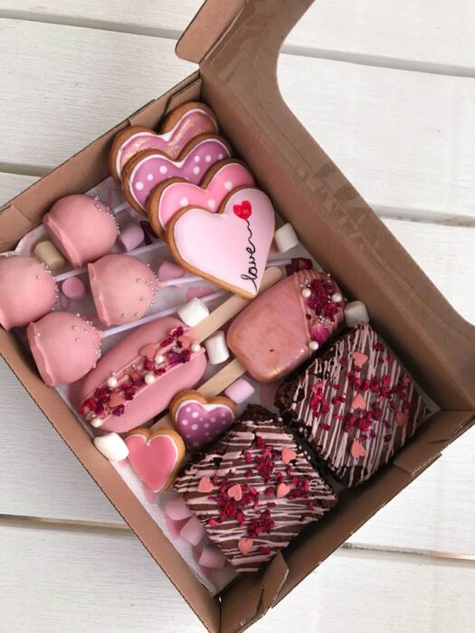 Box of cookies, brownies and cake-pops for Valentine's Day