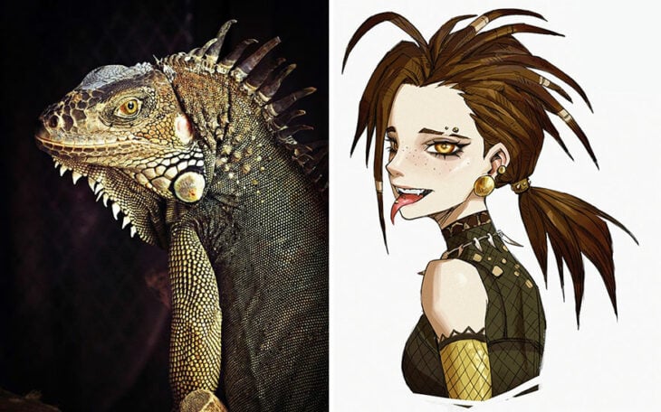 Iguana ;Artista transforma animales en personajes de anime y merecen su propio cómic 