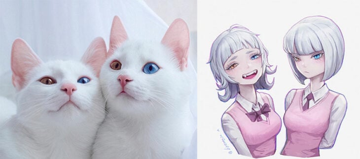 Gatos blancos ;Artista transforma animales en personajes de anime y merecen su propio cómic 