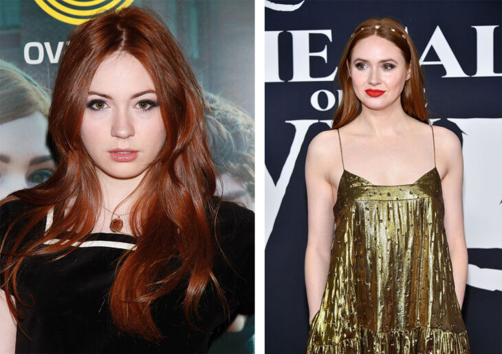 foto comparativa de la actriz Karen Gillan en sus 18 años vs en 2021