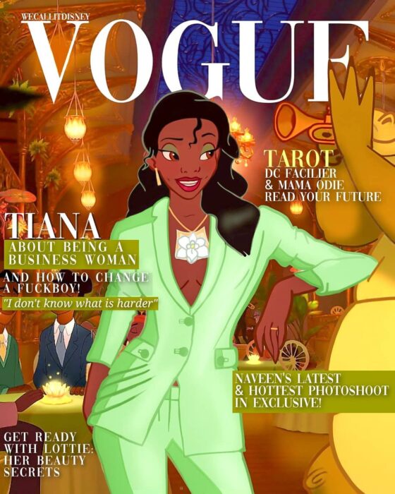 Tiana;  This would be the cover of Vogue if these Disney princesses appeared in them