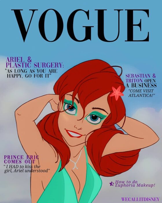 Ariel;  This would be the cover of Vogue if these Disney princesses appeared in them