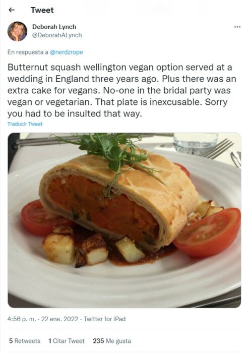 screenshot of a tweet showing a vegan dish