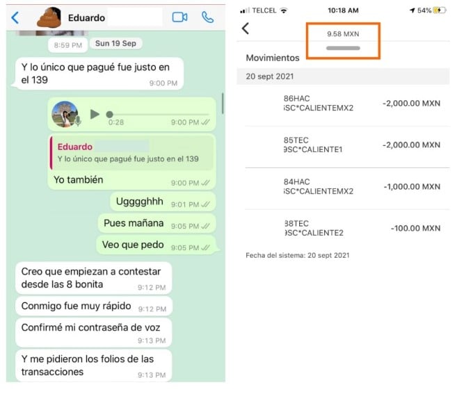 screenshot of a conversation in Whats with some capture of charges to a card 