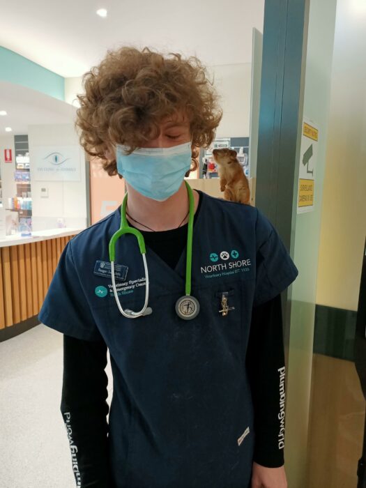 boy in a hospital with a possum on his shoulder 