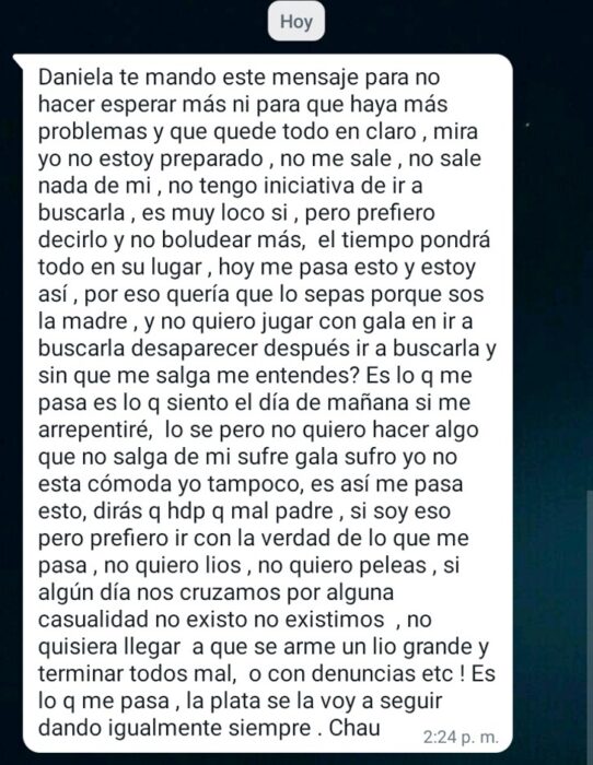 Mensaje de Whats app de un hombre para dejar a su hija 