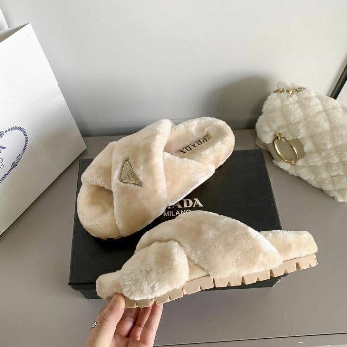 oyster white Prada furry slippers 