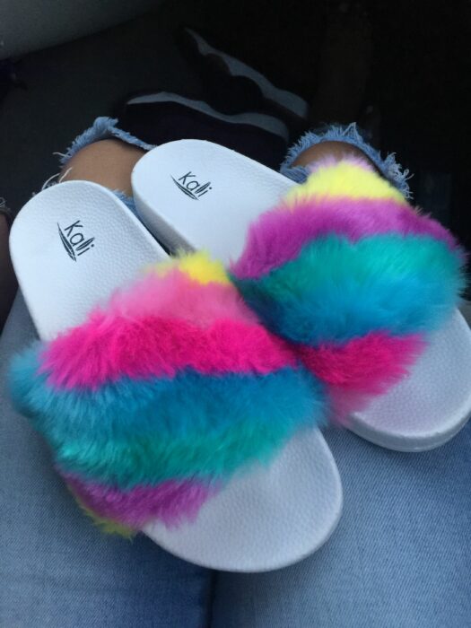 pair of multi colored Kali Furry slippers 