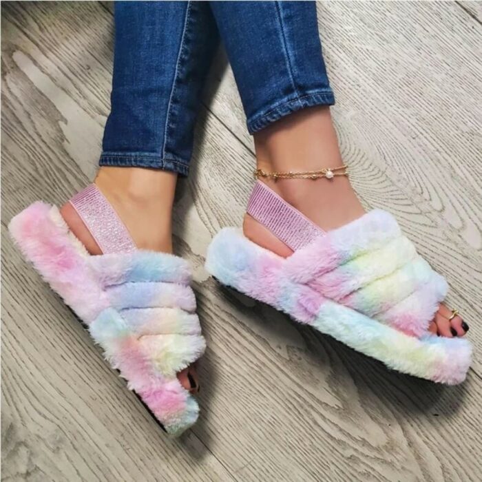 feet modeling pastel furry slippers 