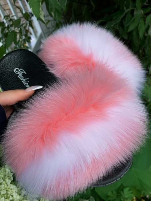 pink and white furry slippers with plush 