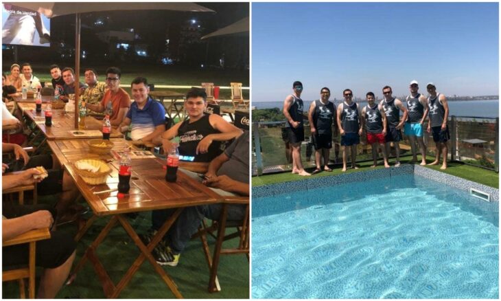 friends on vacation;  Boss saves for 12 months to take all his employees on vacation