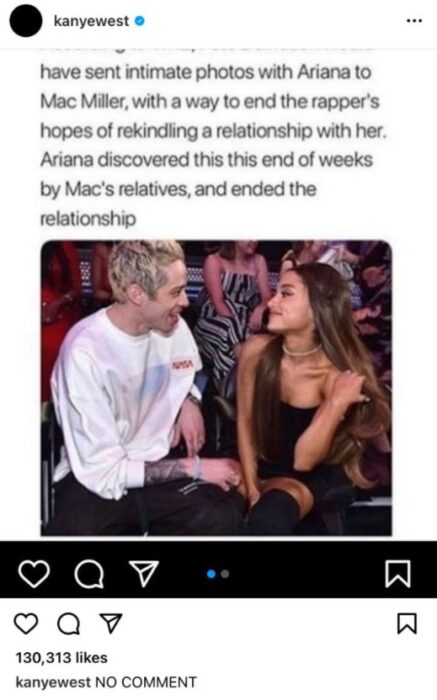 captura de pantalla de una publicación sobre Ariana Grande y Pete Davidson 