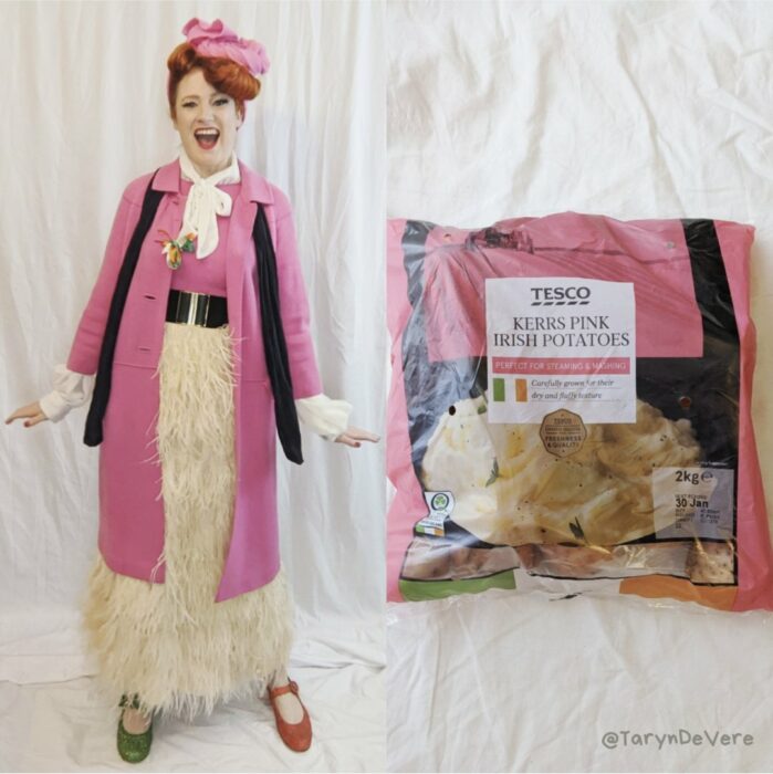 mujer vestida de una bolsa de papas fritas Tesco 
