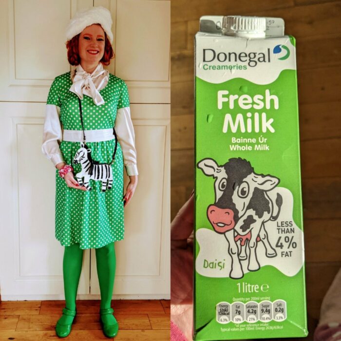 mujer vestida de una caja de leche 
