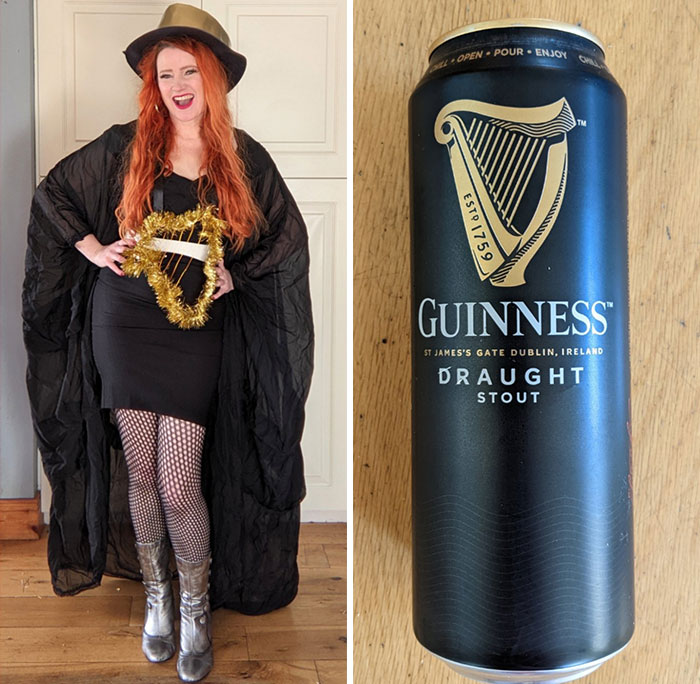 mujer vestida de una lata de cerveza guiness 