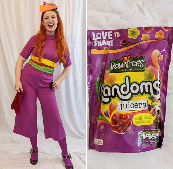 mujer vestida de un paquete de dulces landoms 