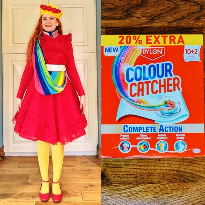 mujer vestida de una caja de colour catcher 