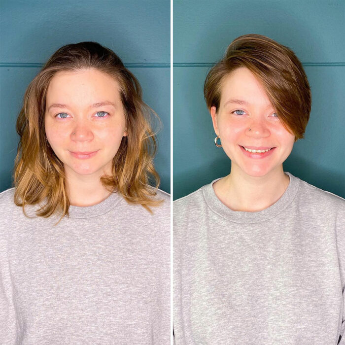 Mujer cambiando su cabello largo por uno corto 