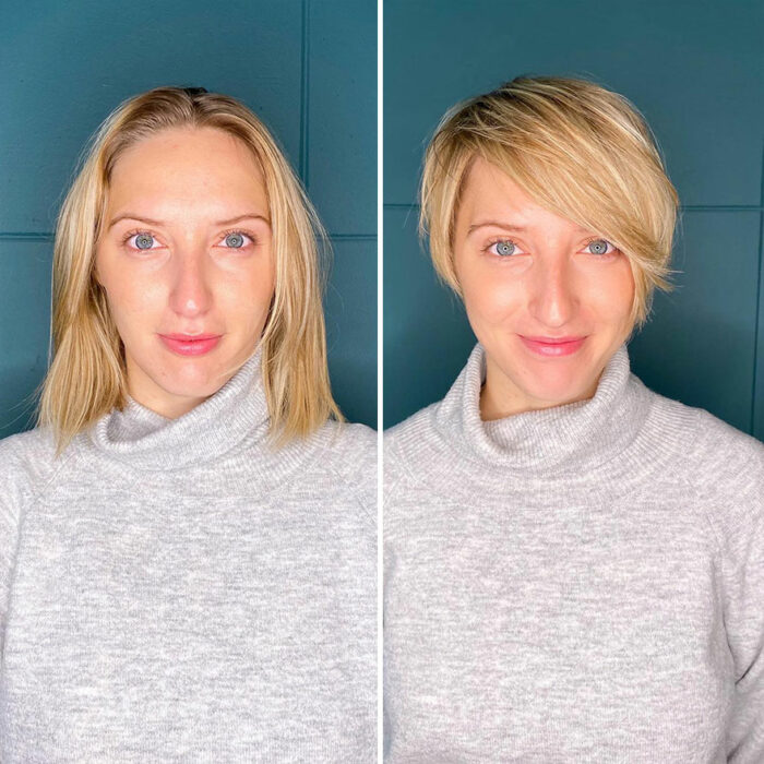 Mujer cambiando su cabello largo por uno corto 