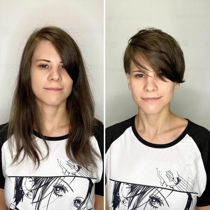 Mujer cambiando su cabello largo por uno corto 