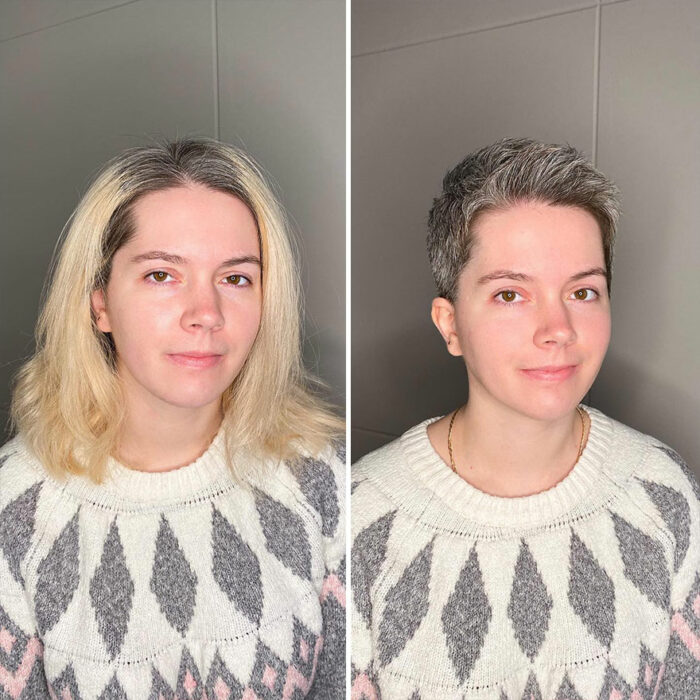 Mujer cambiando su cabello largo por uno corto 