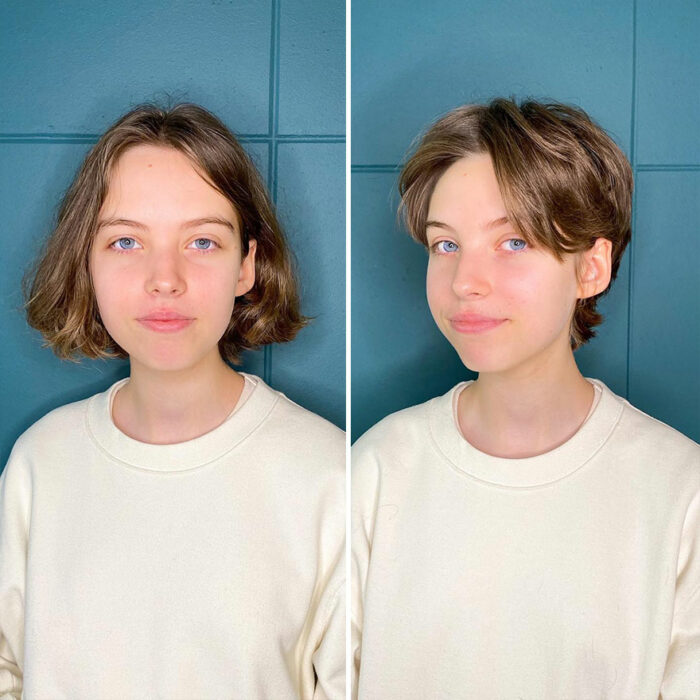 Mujer cambiando su cabello largo por uno corto 