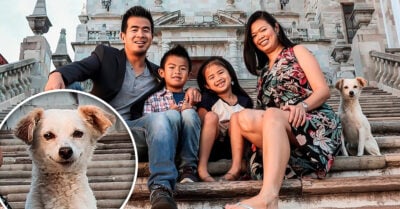 Perrito callejero se cuela en una foto familiar y se roba el corazón de todos