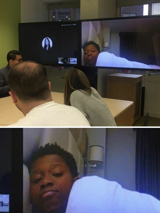 man on video call asleep ; People having a terrible day at work